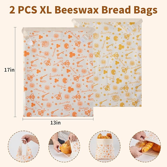 Reusable Bread Bags for Homemade Loaves, 2 Pack Cotton Beeswax Bread Bags, Extra Large Sourdough Bag, Beeswax Storage Bag to Keep Fresh
