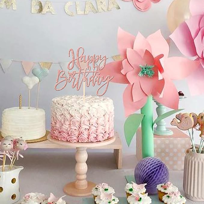 ZHUOWEISM 1 PCS Happy Birthday Cake Topper Glitter Happy Birthday Cake Pick for Celebrating Happy Birthday Anniversary Theme Party Cake Decorations Supplies Rose Gold