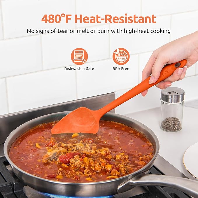 U-Taste Silicone Spoon Spatula Set: 480ºF Heat Resistant Food Grade Flexible Rubber Spoonula, Nonstick Cooking Mixing Scooping Kitchen Baking Scraper Utensils Set of 3 for Pan, Pot, Bowl (Orange)