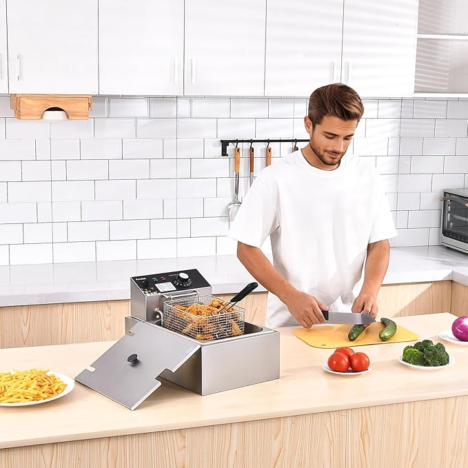 Deep Fryer with Basket, 1700w 9.1Qt Oil Tank/ 4Qt Basket, Stainless Steel Countertop Electric Fryer for Home and Commercial Use, Oil Fryer with Temperature Control and Double Overheat Protection