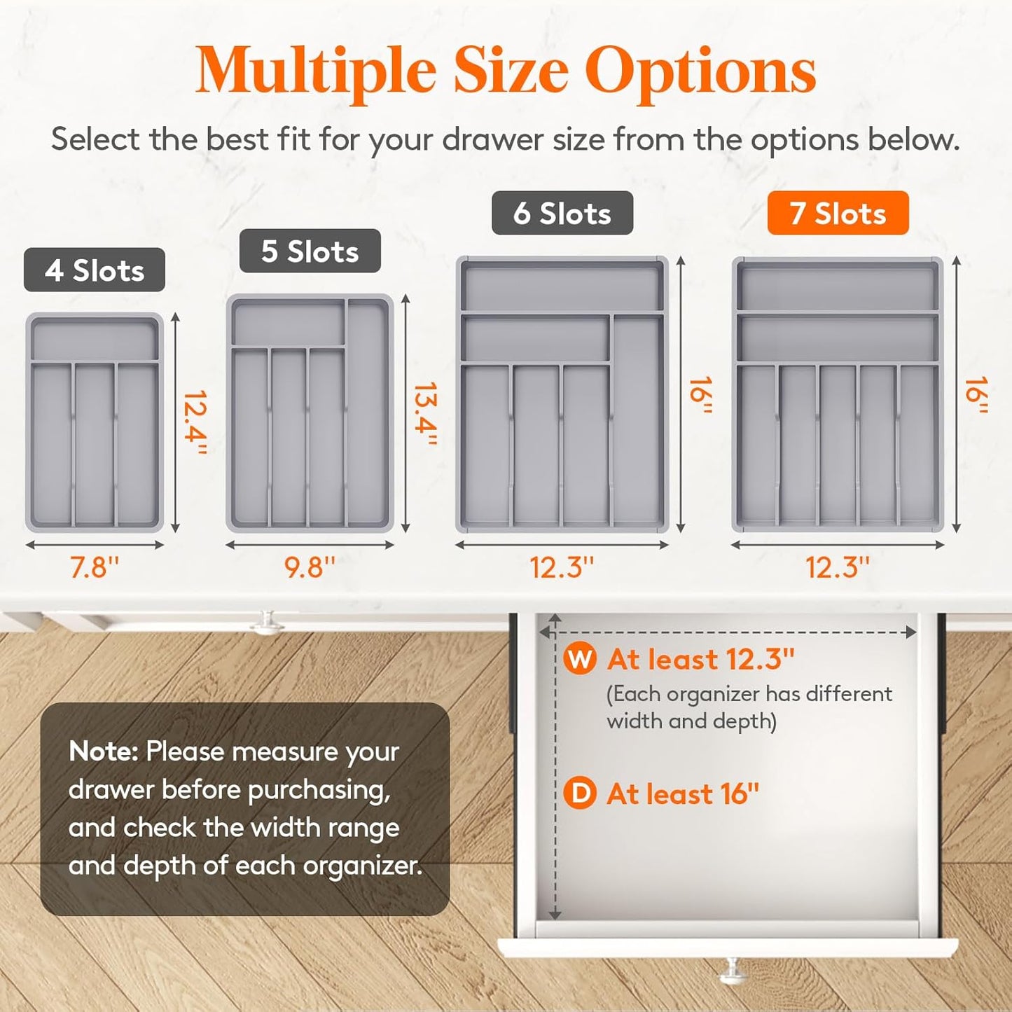 Lifewit Silverware Tray, Deep Wide Cutlery Drawer Organizer Storage for Kitchen, Plastic Flatware Utensil Holder Divider for Spoons Forks Knives Tableware, 7 Compartment, Gray