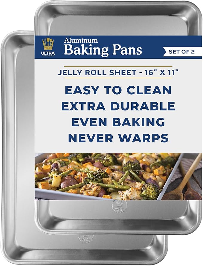 Ultra Cuisine Stainless Steel Jelly Roll Sheet Cooling Rack Set & Aluminum Baking Pan Set - Professional Quality, Fits Jelly Roll Sheet Pans - Cookie Sheet for Baking - 10"x14.75" Rack, 16"x11" Pan
