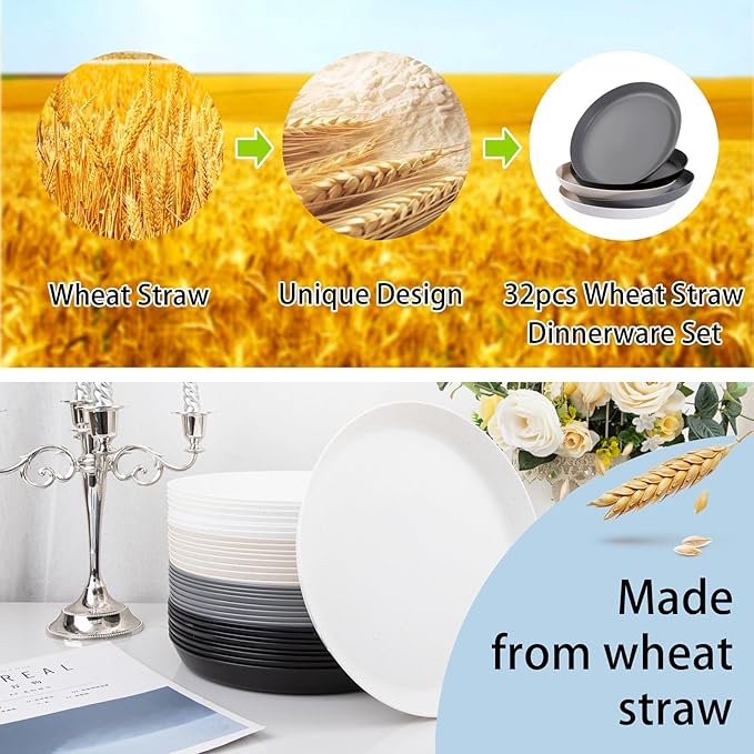EI 16pcs Wheat Straw Dinner Plates Set,Unbreakable Plastic Plates,Reusable Lightwight Plastic Plate,Party Plate for Halloween,Family Dinners, Picnics, School-Black,White,Dark Grey,Beige