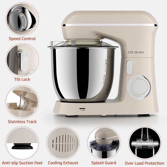 Stand Mixer, 5.5 Quart, 10 Speed Tilt-Head Food Mixer, Kitchen Electric Mixer with SS Bowl, Copper Motor, Beater, Dough Hook, SS Egg Whisk (450W Cream)