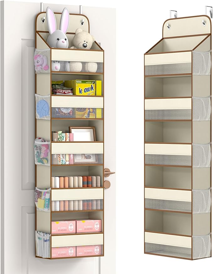 LAMU 1 Pack Over the Door Organizer Hanging with 5 Large Pockets and 10 Mesh Pockets, 44lb Over the Door Storage for Closet, Nursery and Bathroom, Behind the Door Storage with Clothes and Toys, Beige