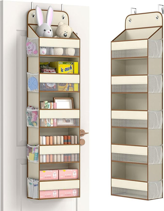 LAMU 1 Pack Over the Door Organizer Hanging with 5 Large Pockets and 10 Mesh Pockets, 44lb Over the Door Storage for Closet, Nursery and Bathroom, Behind the Door Storage with Clothes and Toys, Beige