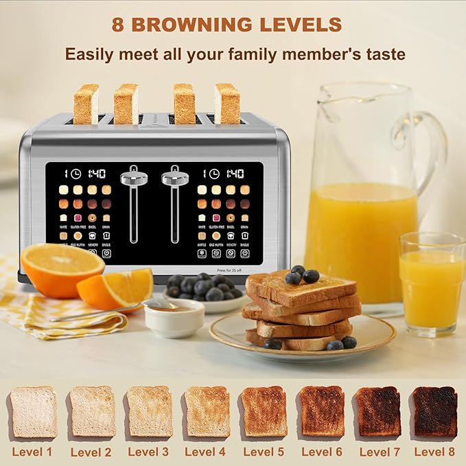 4 Slice Toaster Touch Screen, Stainless Steel Toasters Digital Timer, Dual Control Panel Toasters, 8 Shade Settings 6 Bread Types for Bagel, Cancel, Defrost 1650W