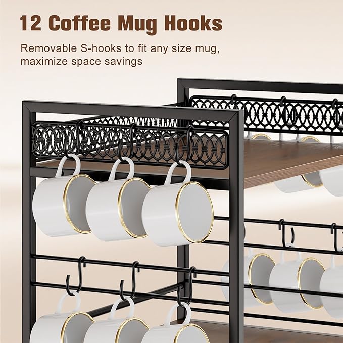 Coffee Bar Organizer, 3 Tier Coffee Station Organizer for Countertop, 30 K Cup Pod Drawer, Mug Cup Holder Stand With 12 Hooks, Multifunctional K Pods Shelf Storage Holder Drawer