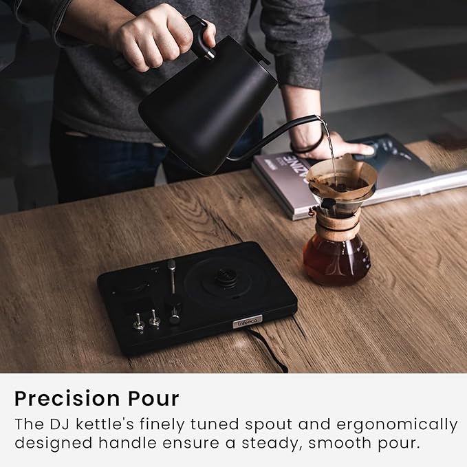 DJ Electric Gooseneck Kettle for Pour Over Coffee & Tea - Water Boiler - Turntable Design - Quick Heating & Temperature Control - Stainless Steel