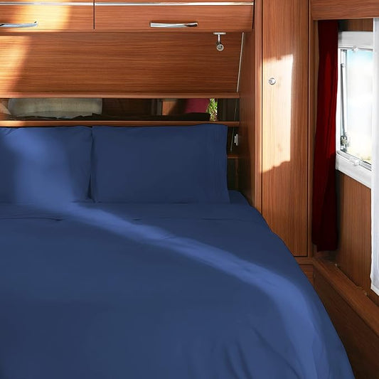 Mellanni RV Short Queen Sheets - 4 PC Iconic Collection Bedding - Hotel Luxury, Extra Soft, Cooling Bed Sheets - Deep Pocket up to 10 inch (RV/Short Queen, Navy Blue)