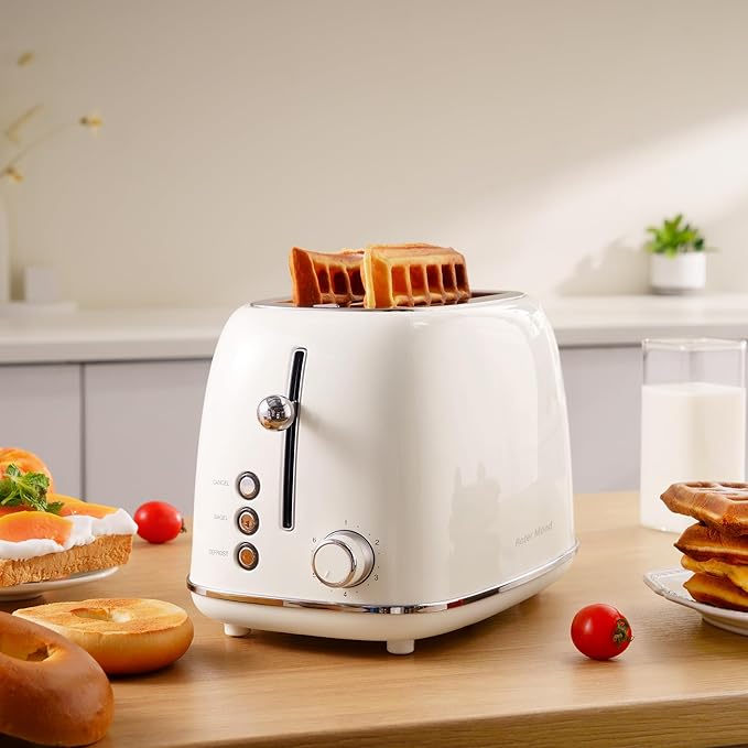 2 Slice Toaster Retro Stainless Steel with Bagel, Cancel, and Defrost Functions, 6 Bread Shade Settings, Extra Wide Slots and Removable Crumb Tray, Cream
