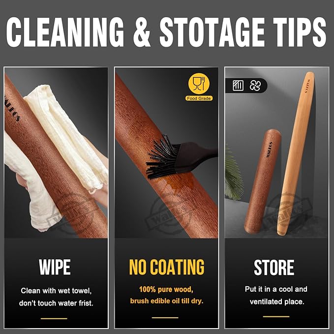 Walfos French Rolling Pin Set - Natural Wooden Rolling Pins (8inch, 15.7inch) With Non-stick Silicone Fiber Pastry Mat, Baking Dough Roller for Pizza, Pie, Pasta, Bread, Pastry