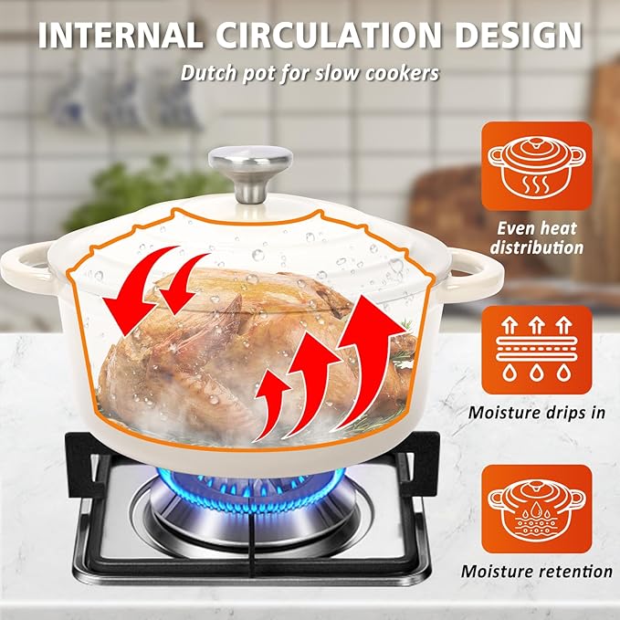 Hisencn Enameled Cast Iron Cookware Set - 7-Piece Ceramic Coated Cast Iron Cookware Set, Dutch Ovens, Sauce Pan, Skillet, 3 Lids, Heavy Duty Cookware, Gas/Induction Compatible, PFA Free, Cream White