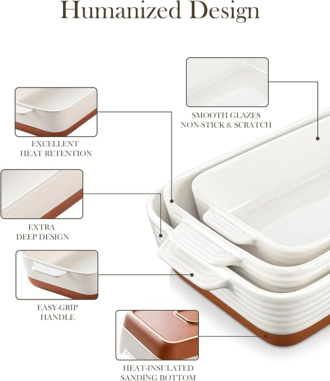MALACASA Casserole Dishes for Oven, Ceramic Baking Dishes Set of 3, Baking Pan Casserole Dish Set, Rectangular Lasagna Pan Deep with Handles for Baking, Khaki White (14.5''/13''/10.5''), Series TARA