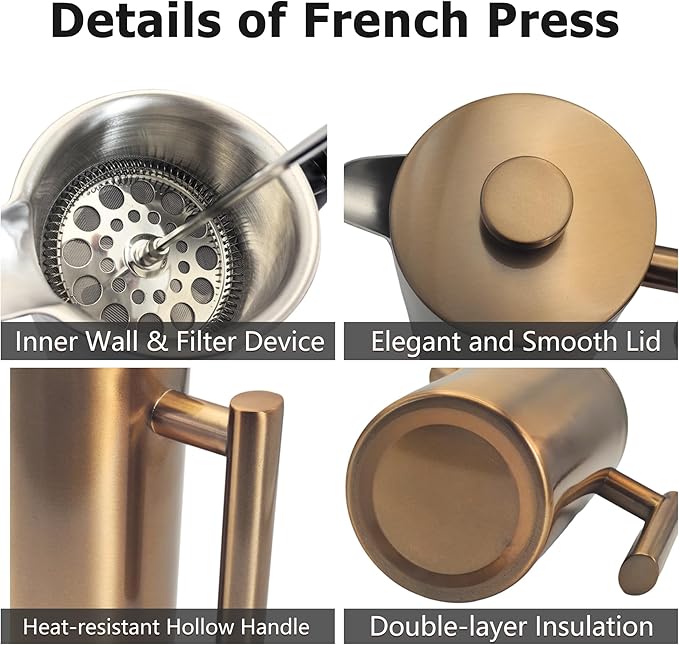 YJX 34oz Coffee Maker, Stainless Steel French Press, 1 Liter Camping Coffee Pot, Tea Maker, 34 Ounce Travel Coffee Presses, Heat Resistant Double Insulated (Coppery)