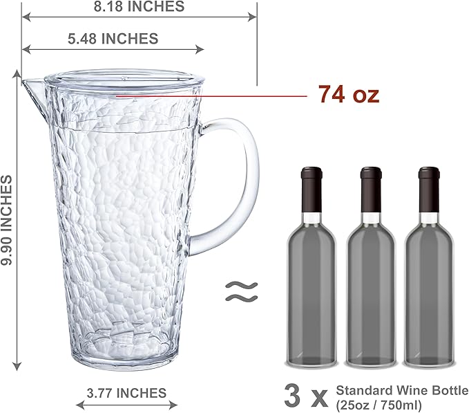 Bzyoo 74oz Clear ChillCraft Water Jug, BPA-Free Pitcher with Lid, Hammered Glass-Style Durable Plastic, Ripple Effect Design, Easy-Pour Spout, Ideal for Orange Juice, Iced Tea, Infused Waters