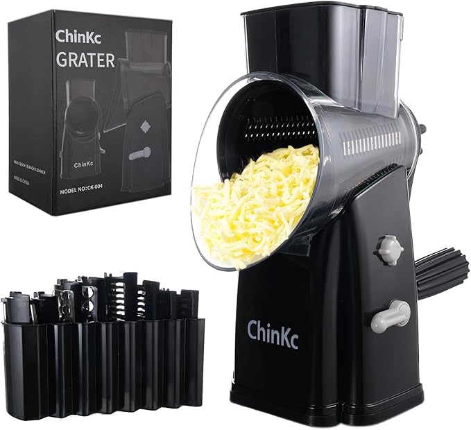 Rotary Cheese Grater Shredder - Upgraded 5 in 1 Cheese Grater with Handle and Strong Suction Base, Multi-purpose Julienne Slicer Ice Shaver Nuts Grinder for Ice, Vegetables, Fruit, Nuts
