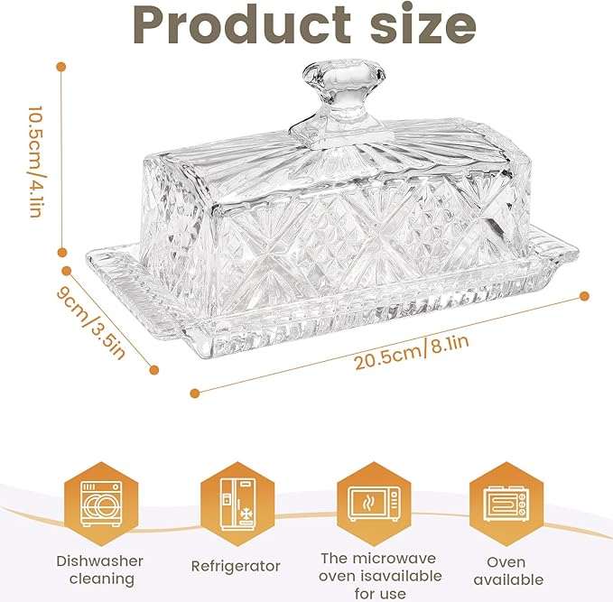 Butter Dish with Lid for Countertop,Glass Butter Container for Counter,Covered French Butter Tray,Large and Wide Butter Tray Holder for Fridge or Keepers on Counter (Clear-6)