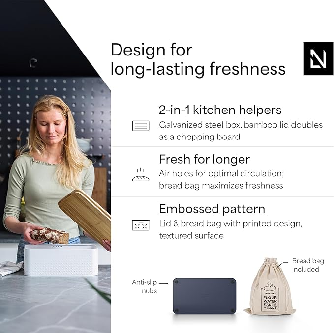 LARS NYSØM Bread Box I Metal Box with linen bag for long lasting freshness I Bread Bin with bamboo lid usable as cutting board I 13.4x7.3x5.3In (Midnight Blue)