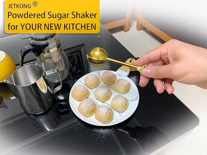 JETKONG Powdered Sugar Shaker Duster Flour Dispenser Shaker with 18/8 Stainless Steel Spring-operated Handle for Sugar Flour and Spices (Gold)