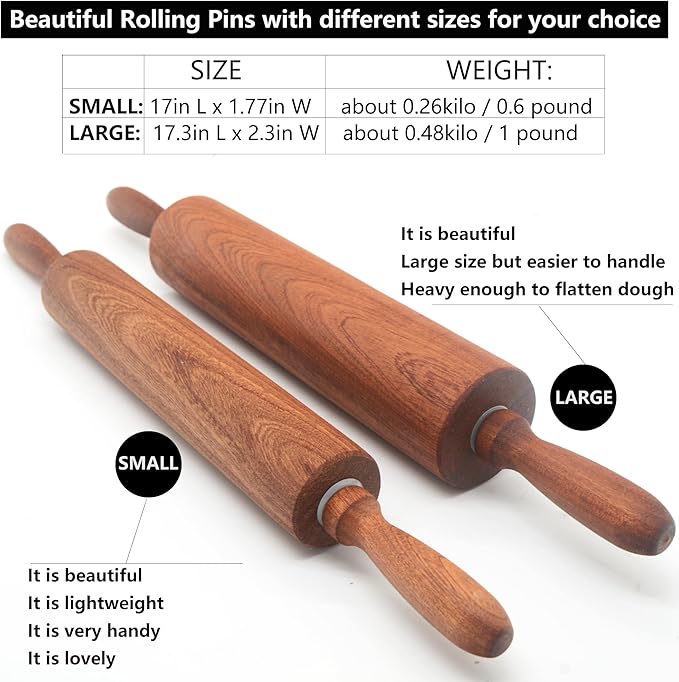 Classic Sapele Wooden Rolling Pin With Handles,Wood Baking Roller Large (17.3"L x 2.3"W)