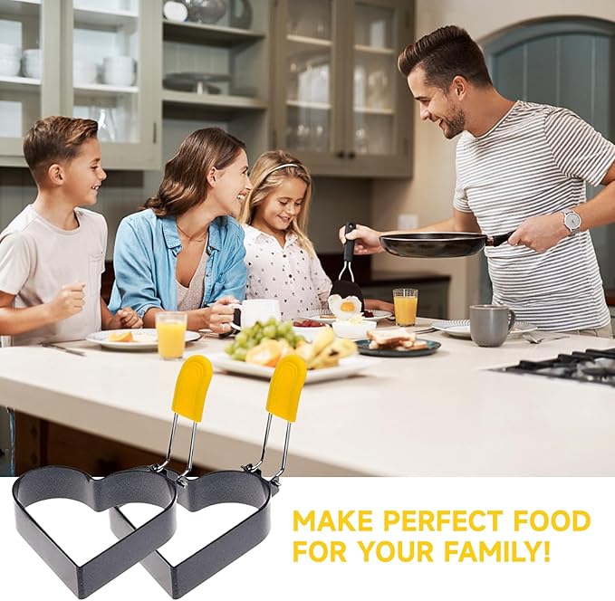 Egg Ring for Frying Eggs and English Muffin - Round Egg Shaper Mold with Anti-scald Handle - Stainless Steel Non-stick Egg Cooker Ring (Heart Shaped -2 Pack)