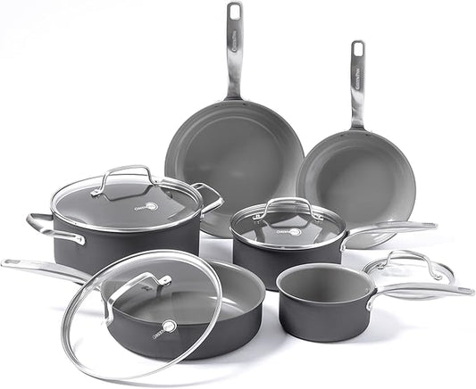 GreenPan Chatham Hard Anodized Healthy Ceramic Nonstick 10 Piece Cookware Pots and Pans Set, Frying Pan Skillets, Saucepans, Saute Pan, Stockpot, Lids, PFAS-Free, Dishwasher & Oven Safe, Gray