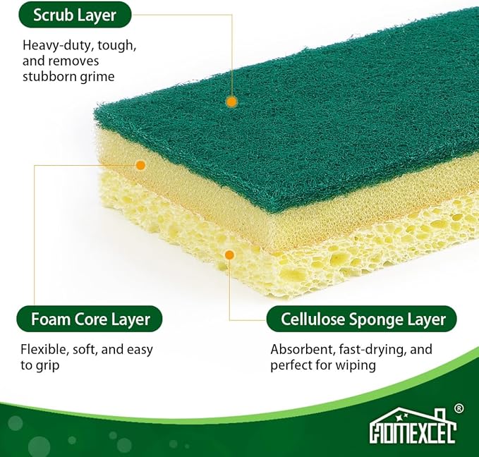 HOMEXCEL Sponges Kitchen 24pcs, Heavy Duty Sponges for Dishes, Scrub Cleaning Sponge for Non-Coated Cookware, Dishes, Pots, Pans, Dual Sided Dish Sponge for Kitchen, Household, Bathroom and More