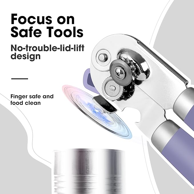 Beneno Can Opener Manual with Magnet, Hand Held Heavy Duty Can Opener with Durable Sharp Blade Smooth Edge, Big Effort-Saving Knob, Soft Grip Rubber Handle, Multifunctional Bottle Opener, Purple