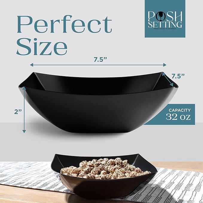 Posh Setting - Black Plastic Serving Bowls (32oz - 4 Pack) Square, Disposable, Salad & Fruit Bowls for Party Table, Candy Containers for Candy Buffet