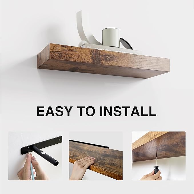 Colima Floating Shelves for Bedroom, Bathroom, Living Room, Kitchen, Office - 15 Inch Wall Mounted, Set of 3 - 1.3" Thick Brown Wood Floating Book Shelves