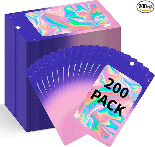 200 Pack Resealable Mylar Holographic Bags Food Storage Smell Proof Bags with Front Window Foil Packaging Pouch for Candy Sample Jewelry Small Business 3.54×6.29 Inch, Blue Fade Purple