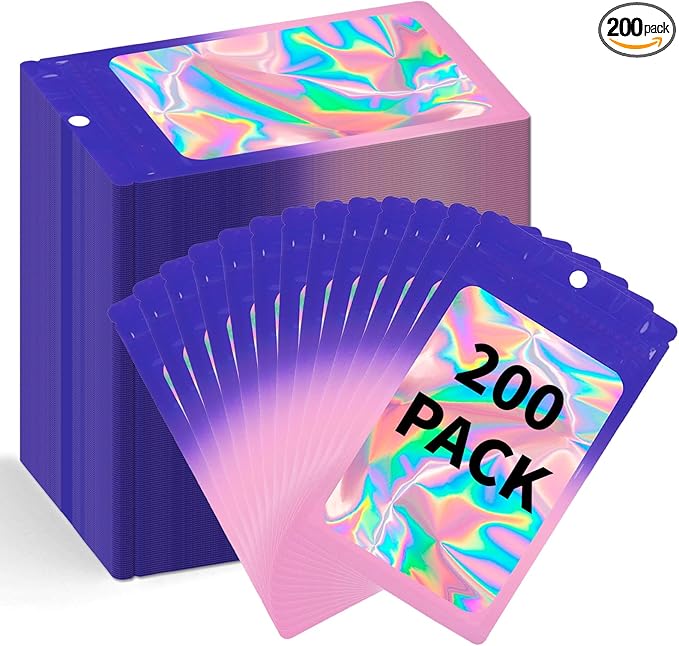 200 Pack Resealable Mylar Holographic Bags Food Storage Smell Proof Bags with Front Window Foil Packaging Pouch for Candy Sample Jewelry Small Business 4.72×7.87 Inch, Blue Fade Purple