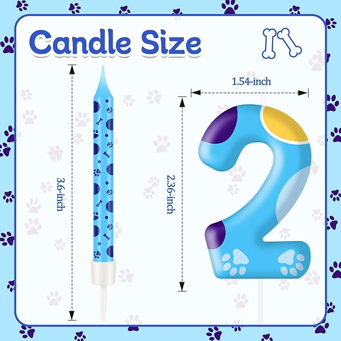 13PCS Blue Dog Paw Birthday Candles Set Cake Topper Numeral Birthday Candles for Boy Girl Dog Paw Decoration(Number 2)
