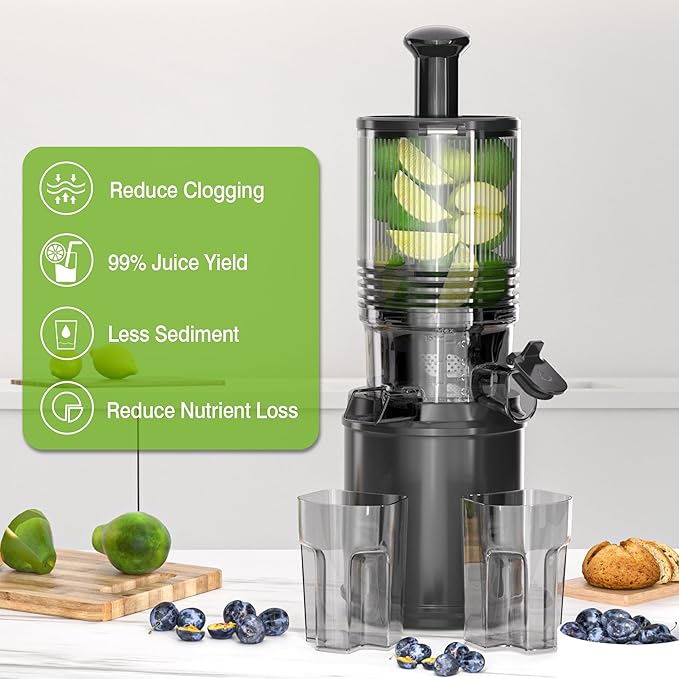 Cold Press Juicer – Hands-Free Electric Masticating Juicer Machine with 6.5" Large Feed Chute, 350W Masticating Juicer Machine For More Juice, Less Pulp, High Juice Yield – Easy Cleanup & Assembly