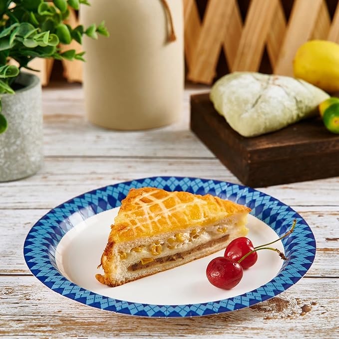 JOLLY PARTY 8.37 inch Disposable Paper Plates, 300 Count Dinner Plates, Soak Proof, Cut Proof for Everyday Use, Navy Diamond Pattern Rim Design