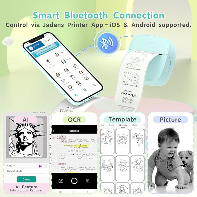 JD-23 Sticker Printer, Mini Portable Thermal Printer Print Pod, Inkless Bluetooth Label Maker Machine for DIY Crafts, Journaling, Office & Home Use, Includes 2 Rolls Sticker Paper