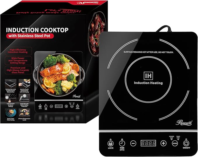 Rosewill Induction Cooker 1800 Watt, Induction Cooktop, Electric Burner with Stainless Steel Pot 10" 3.5 QT 18-8, RHAI-13001
