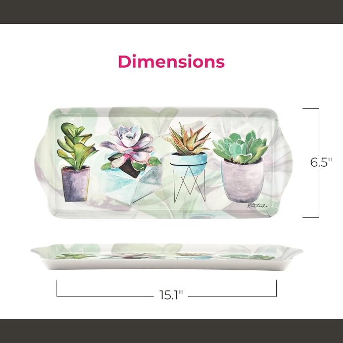 Pimpernel Succulents Rectangular Snack Tray with Handles - 15.1" x 6.5" Melamine Botanical Platter for Coffee, Breakfast, or Sweets - Dishwasher-Safe Decorative Kitchen Server