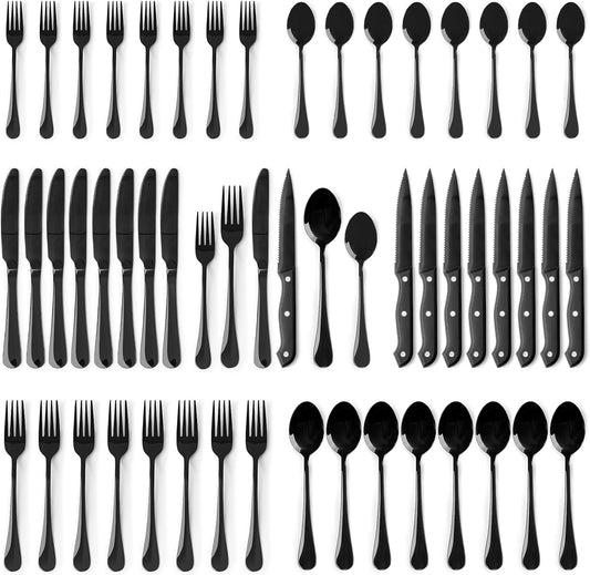 Astercook Silverware Set 48-Piece Black Flatware Set with Steak Knives Food-Grade Stainless Steel Cutlery Set for 8 Mirror Polished Utensils Set Include Spoons and Forks for Home Kitchen Restaurant