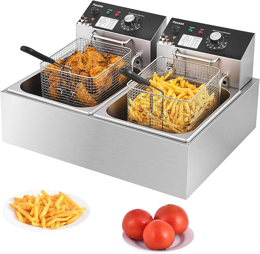 Deep Fryer with Basket, 3400w 9.1Qt Oil Tank / 4Qt Basket x 2, Stainless Steel Countertop Electric Fryer for Home and Commercial Use, Oil Fryer with Temperature Control and Double Overheat Protection