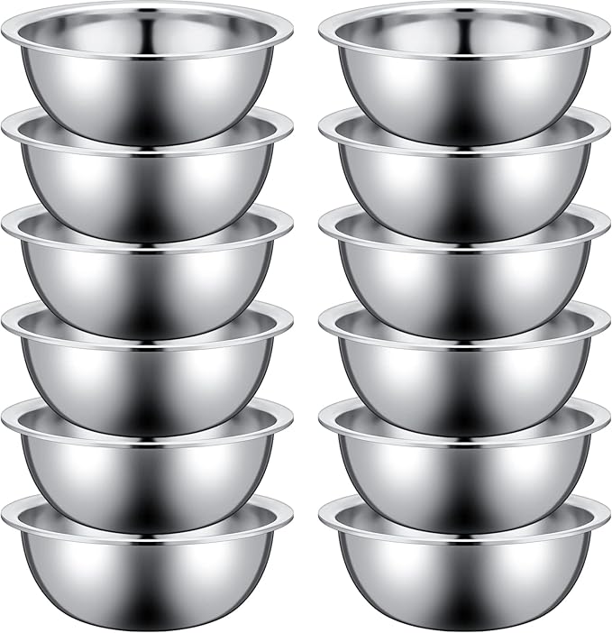 Pinkunn Set of 12 Stainless Steel Mixing Bowls, Nesting Metal Prep Salad Bowl Bulk Kitchen Large Reusable Baking Food Container for Hotel Restaurant Home Cooking, Silver(8.66 x 3 Inch)