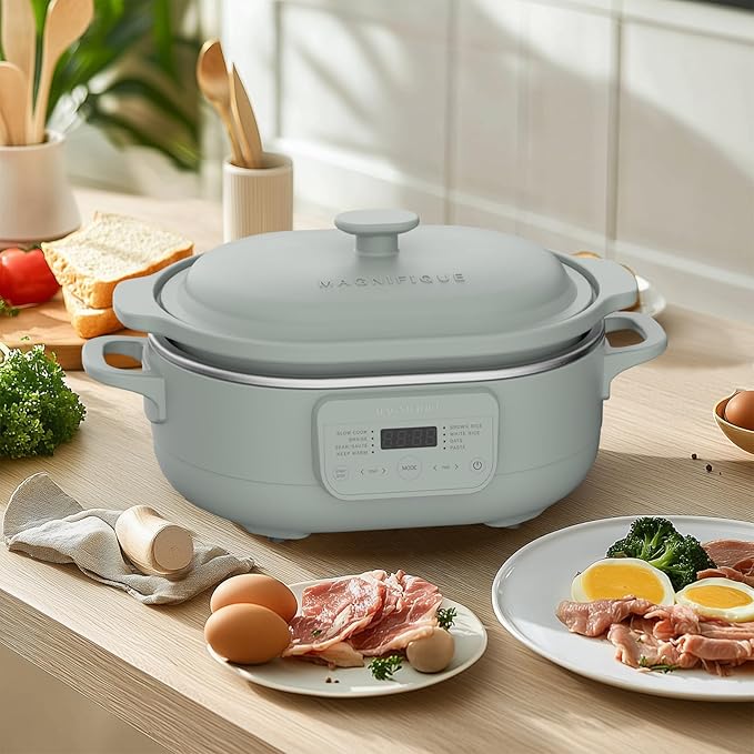 MAGNIFIQUE 4 Quart Claypot Multi-Cooker, with 8-in-1 Casserole Programmable Slow Cooker, Dutch Oven, Pasta, Nonstick Oven Safe Pot to 450°F, Olive