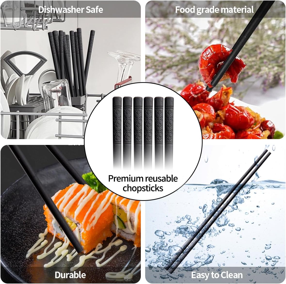 10 Pairs Fiberglass Chopsticks, Reusable Alloy Chop Sticks Non-slip Chopsticks, Dishwasher, 9 1/2 Inches