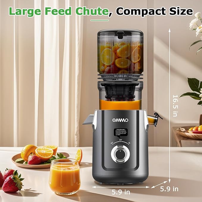 OMMO Cold Press Juicer Machines: 5.1" Feed Chute for Whole Fruits & Veggies, 300W Slow Juicer BPA Free for Kids, Beep Alert Easy Clean Juicers for Busy Mornings/Moms/Fitness/Healthy Living, Grey