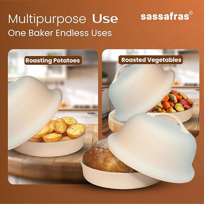 Sassafras Superstone Stoneware La Cloche Bread Baker, Unglazed, Baking Stone for Bread, Capacity 5QT 12”D x7”H with handle, Withstands Temperature 500-2100 Fahrenheit
