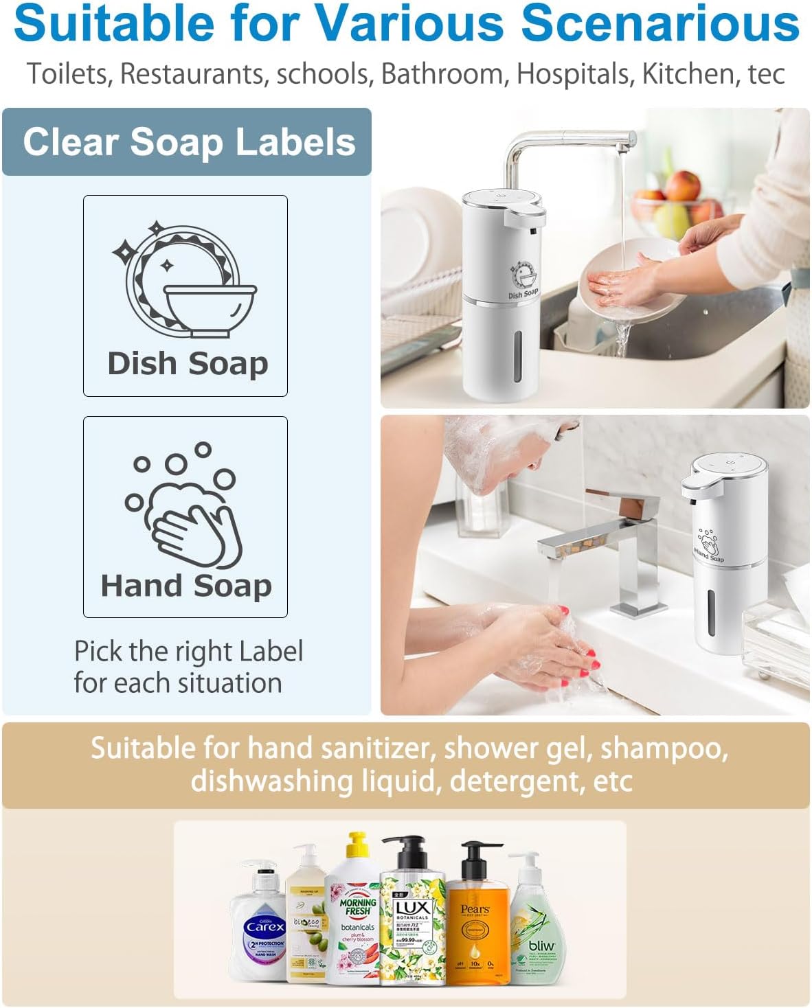 Automatic Liquid Soap Dispenser,4-Level Adjustable, Wall Mount,USB Rechargeable,12.8oz/ 380ml,Touchless Hand & Dish Soap Dispenser for Bathroom, Kitchen,Hotel, Restaurant