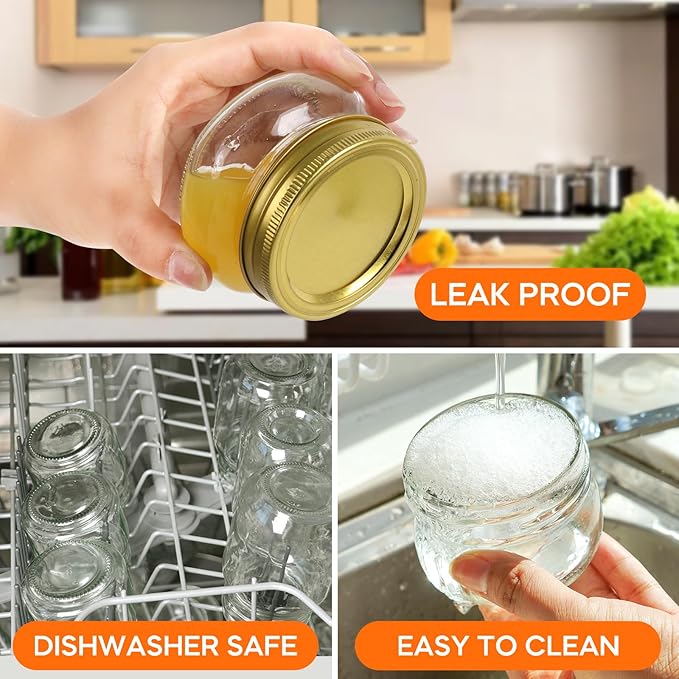 4 oz Mason Jars With Gold Lids and Bands, 24 Pack Regular Mouth Canning Jars for Jam, Honey, Yogurt, Candy, Spices, Snacks, DIY Projects, Wedding Favors- Includes 30 Stickers