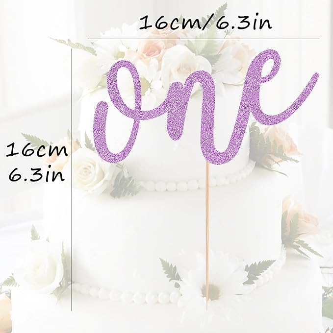 First Birthday Cake Topper - Purple Glitter One Cake Decorating Supplies for Girls and Boys, Perfect for Baby Shower/Gender Revealing Party Photo Booth Props