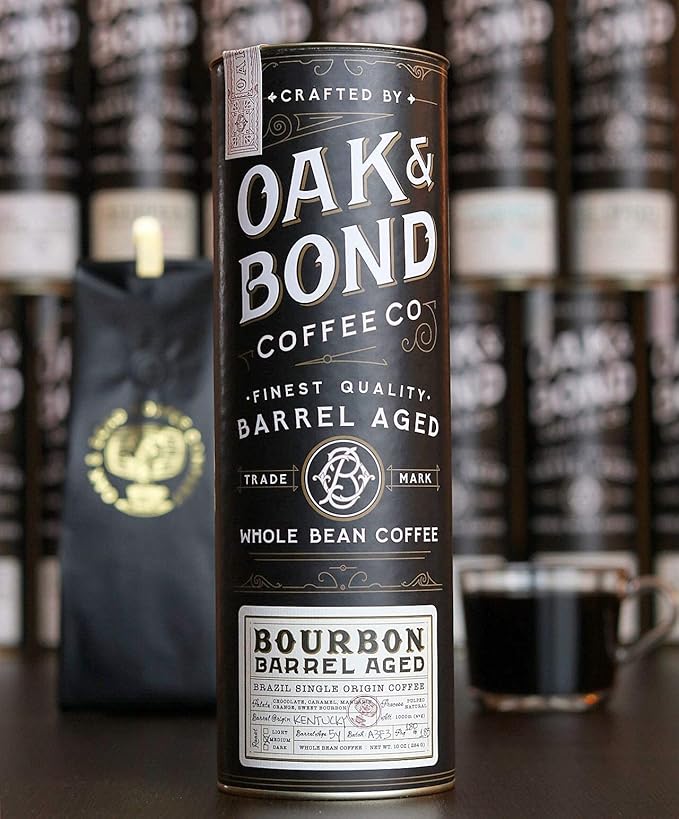 Oak & Bond Coffee Co. Bourbon Barrel Aged Coffee, Brazil Single Origin Whole Bean, Medium Roast - Chocolate, Caramel, Mandarin Orange, Sweet Bourbon Flavors - 10oz